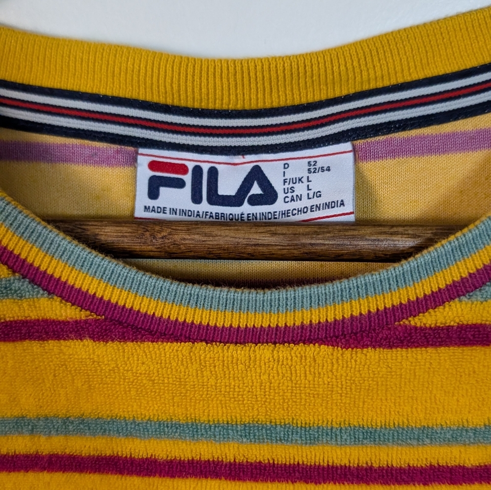 Fila UO Men's Retro Yellow Stripe Cotton Terry Cloth Tee Shirt - Picture 3 of 8